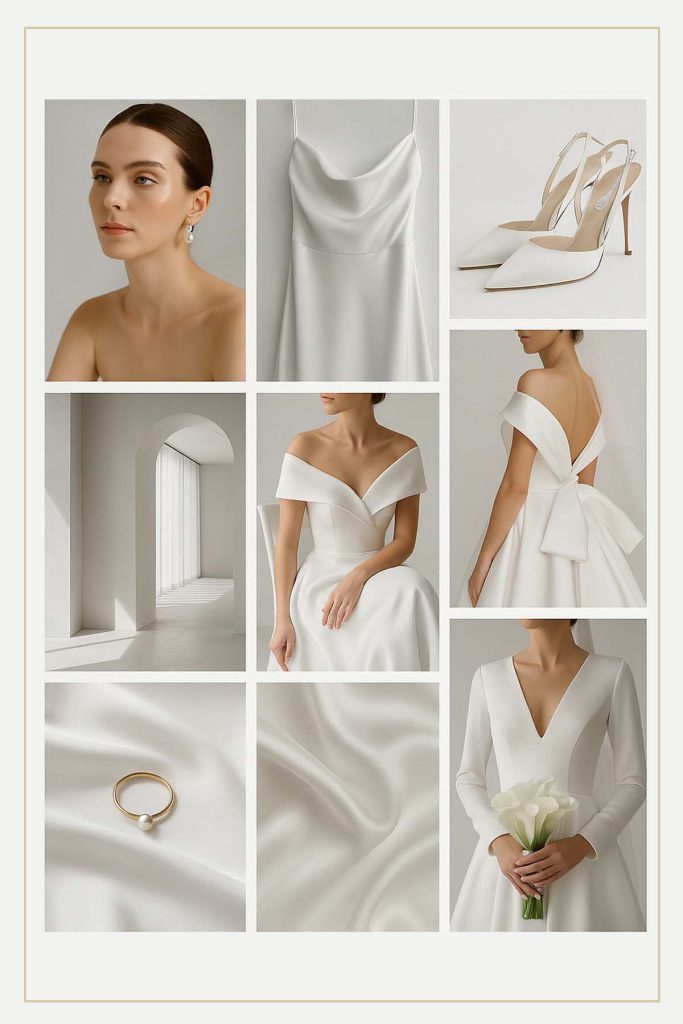 Monochrome moodboard with soft light fabrics and draped silhouettes