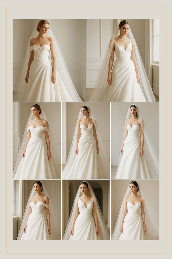 Bridal moodboard showing a model in nine elegant white wedding gowns with sculpted drapes, off-shoulder and V-neck styles, captured in soft natural light